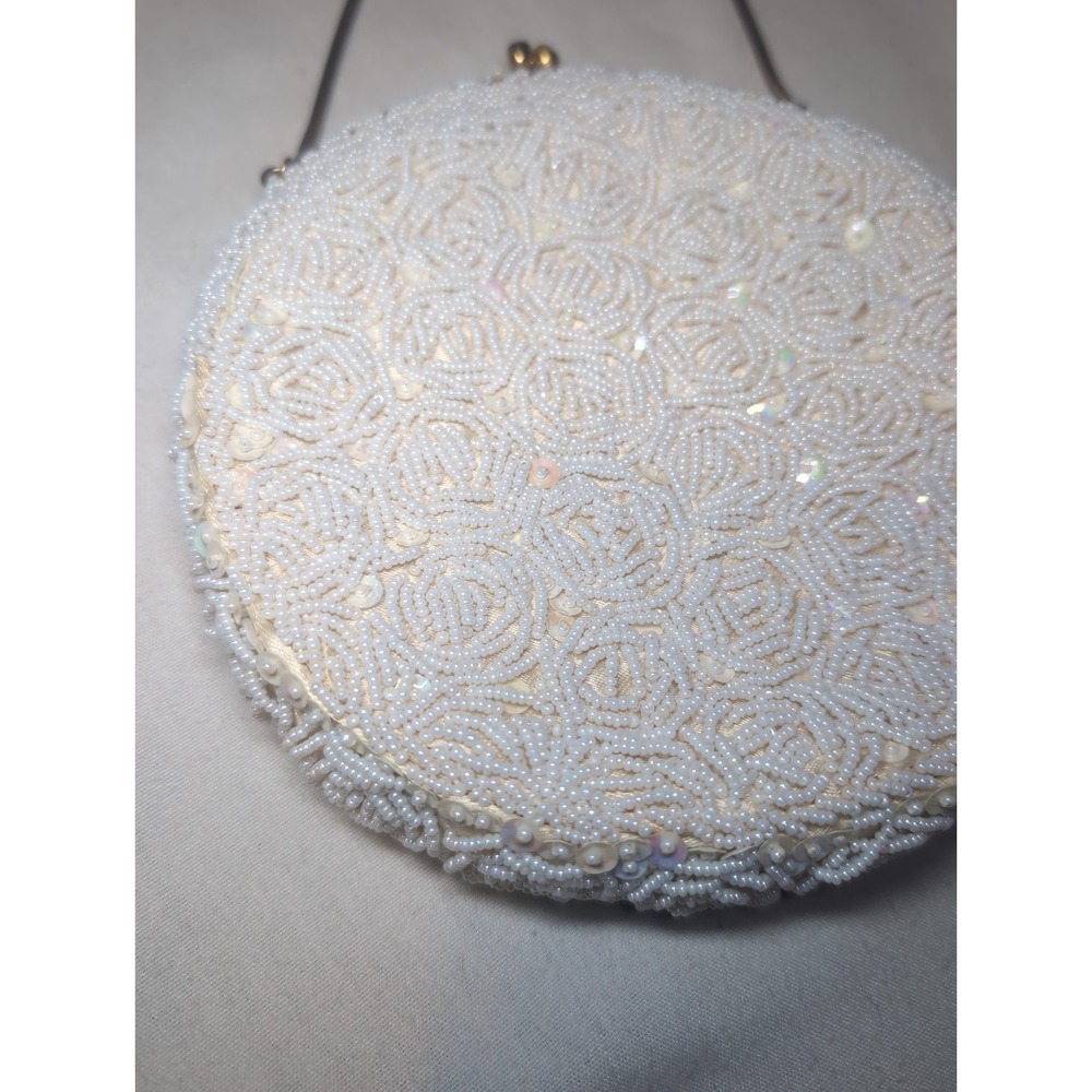 Vintage White Hand-Beaded Clutch Evening Bag W/ Clasp Handmade in Hong Kong 7" - Picture 6 of 11